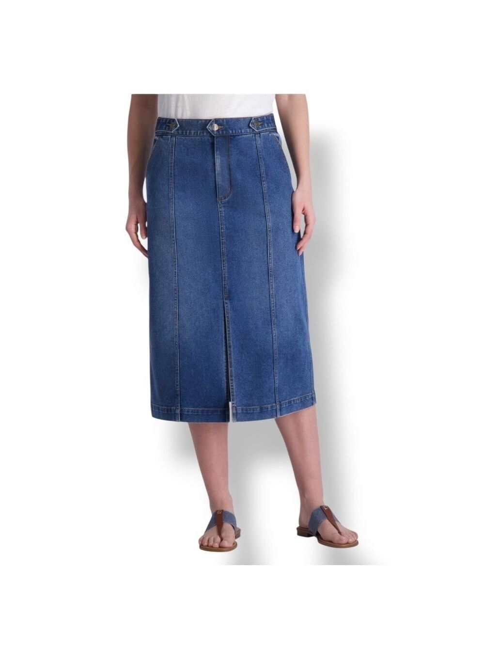 CHAPS Cotton Blend Dark Wash Denim Skirt w/ Side Pockets & Front Slit US Sz 8